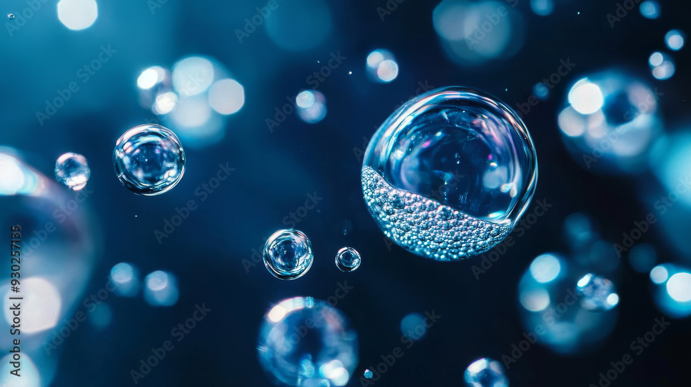 Close-up of bubbles in water, highlighting a scientific background for cosmetic essence or serum under a microscope. Represents hydration and the development of cosmetics. Close-up of bubbles in water, highlighting a scientific background for cosmetic essence or serum under a microscope. Represents hydration and the development of cosmetics.