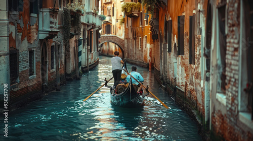 Fototapeta Naklejka Na Ścianę i Meble -  Tourists enjoying a gondola ride through the canals of Venice, capturing the charm of this exotic destination