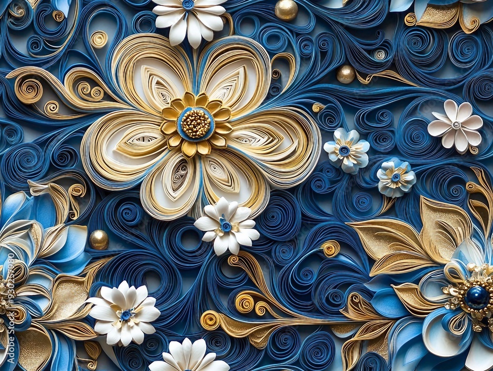 seamless pattern of 3D mandala in blue and gold floral, paper quill pattern. seamless pattern of 3D mandala in blue and gold floral, paper quill pattern.