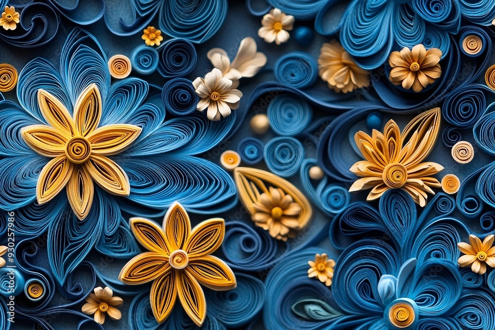 Naklejka premium seamless pattern of 3D mandala in blue and gold floral, paper quill pattern. 