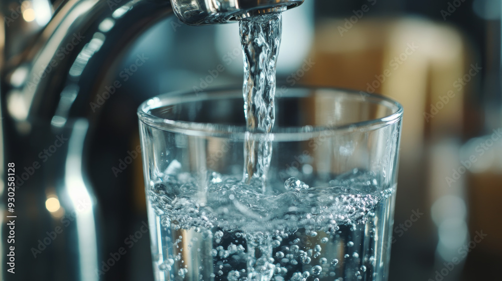 Close-up of water being poured from a tap into a glass. Represents drinking water. Close-up of water being poured from a tap into a glass. Represents drinking water.