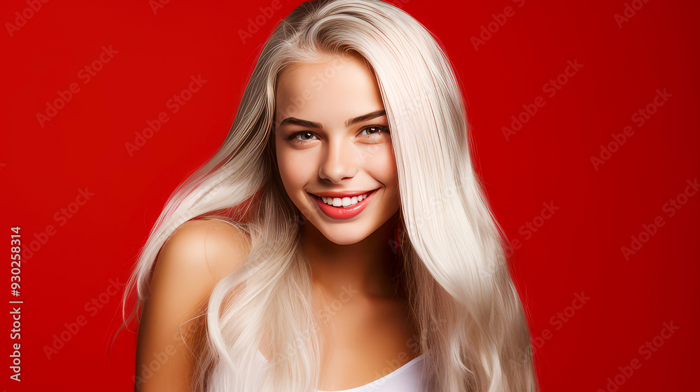Fototapeta premium Portrait of a smiling cheerful blond teenage girl with long white hair and perfect skin, red background, banner.
