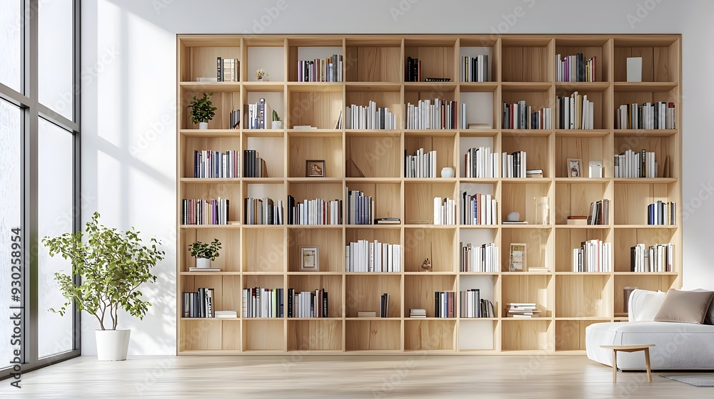 Bright Scandinavian-Style Bookshelf Wall in Serene Living Room with Light Wood Finish Bright Scandinavian-Style Bookshelf Wall in Serene Living Room with Light Wood Finish