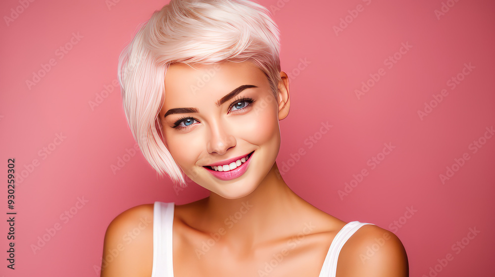 Portrait of a smiling cheerful blonde teenage girl with a short haircut and white hair, pink background, banner. Portrait of a smiling cheerful blonde teenage girl with a short haircut and white hair, pink background, banner.