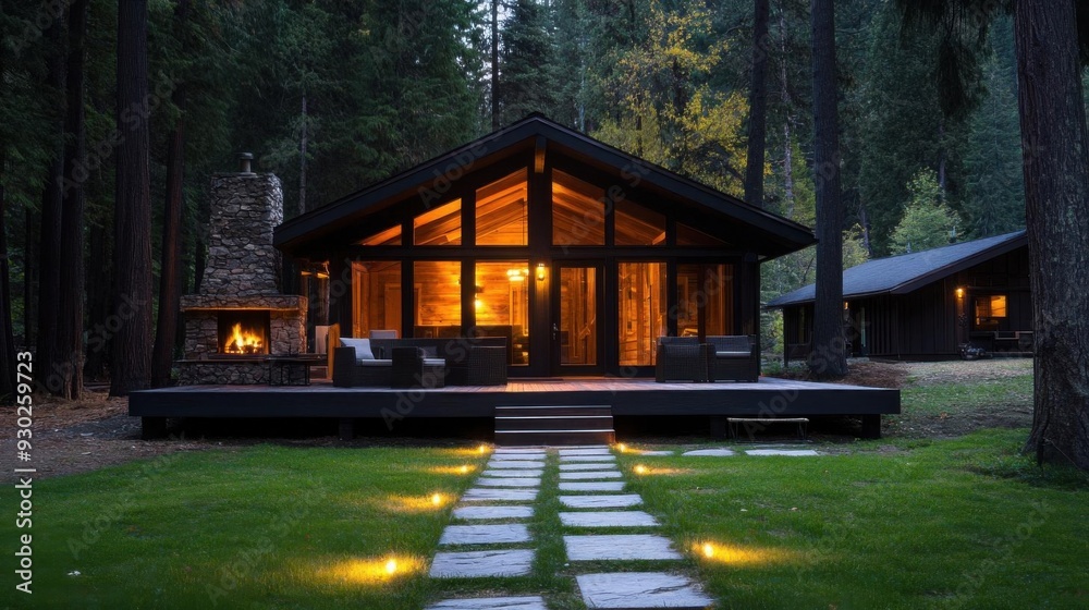 A cozy cabin surrounded by tall trees, featuring a warm glow from indoor lights and a beautifully lit pathway. A cozy cabin surrounded by tall trees, featuring a warm glow from indoor lights and a beautifully lit pathway.