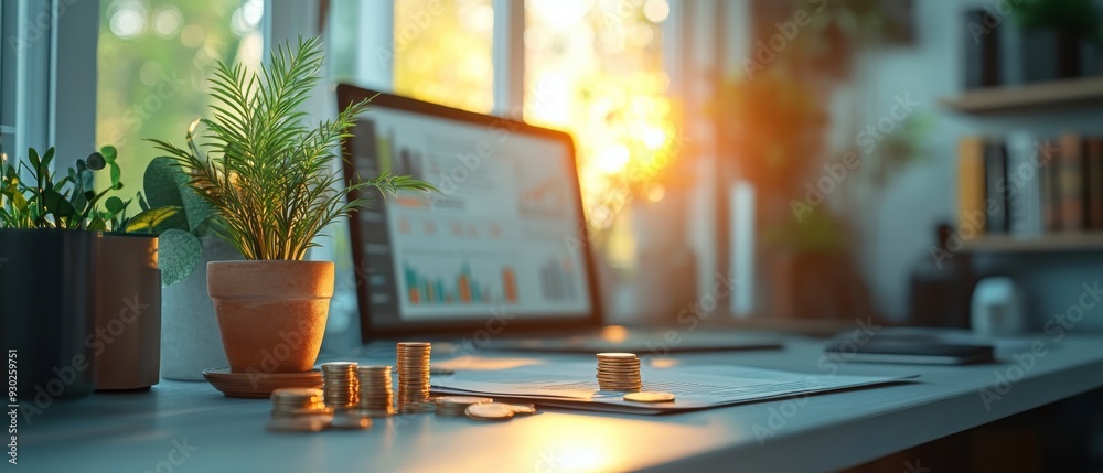A modern workspace with a laptop, plants, and coins, showcasing productivity and financial growth in a bright environment. A modern workspace with a laptop, plants, and coins, showcasing productivity and financial growth in a bright environment.