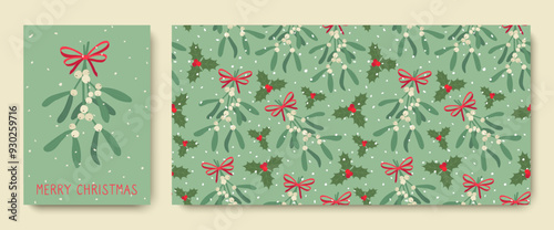 Christmas seamless pattern with mistletoe and bow. Merry Christmas, мistletoe branch with red bow on green background for greeting cards. Winter vector illustration.