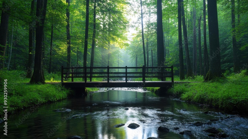 A tranquil forest scene featuring a wooden bridge over a serene stream, surrounded by lush greenery and dappled sunlight. A tranquil forest scene featuring a wooden bridge over a serene stream, surrounded by lush greenery and dappled sunlight.