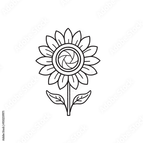 simple doodle of camera lens in the middle of sunflower