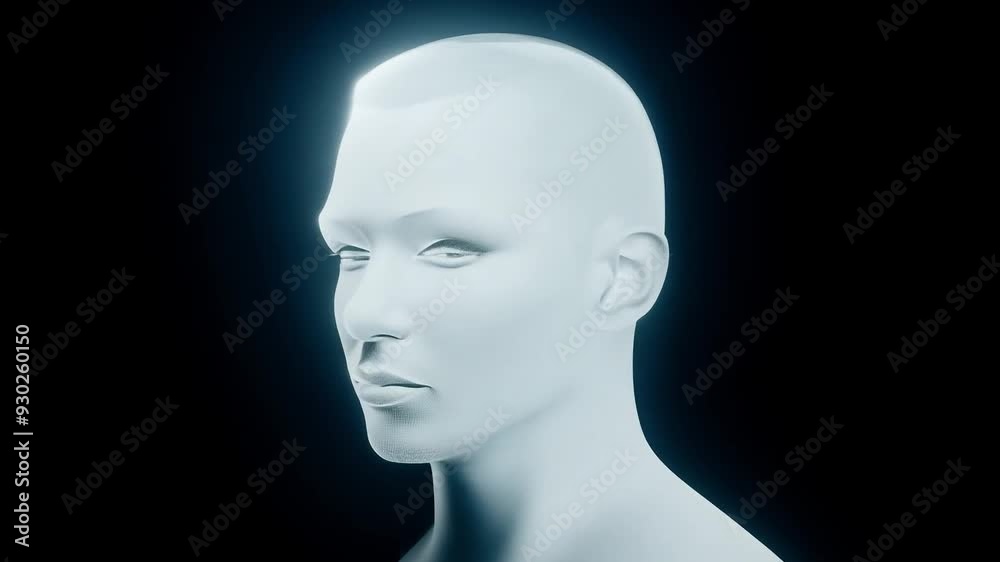 Futuristic human 3d model with glowing lights rotating on dark backdrop Futuristic human 3d model with glowing lights rotating on dark backdrop