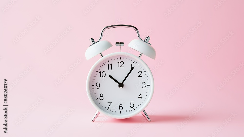A classic white alarm clock on a pink background, indicating time. A classic white alarm clock on a pink background, indicating time.