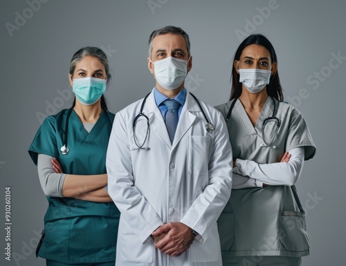 Group photograph of three medical professionals on solid gray background.