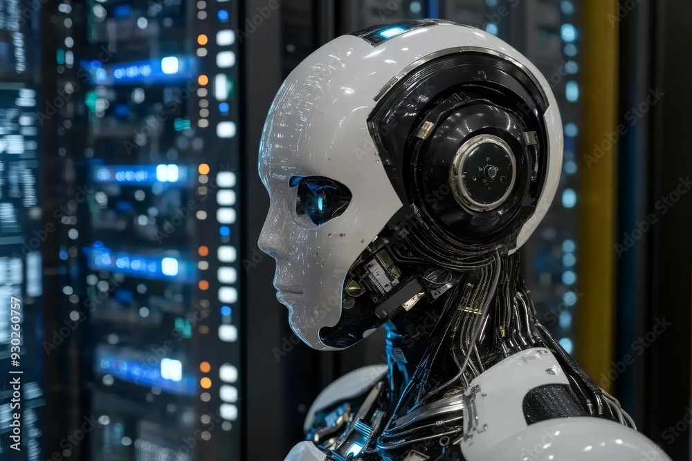 Fototapeta premium Advanced robotic head in a futuristic setting exploring deep learning and facial recognition technologies