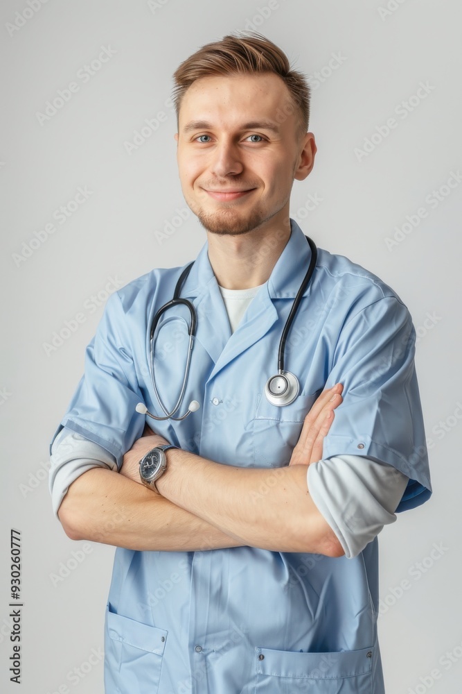 Handsome male doctor with stethoscope, arms crossed on white background. Handsome male doctor with stethoscope, arms crossed on white background.