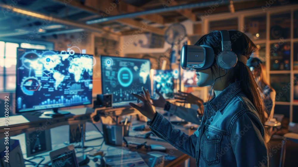 Startup team working in a co-working space with advanced tech gadgets, digital whiteboards, and VR headsets, highlighting innovation Startup team working in a co-working space with advanced tech gadgets, digital whiteboards, and VR headsets, highlighting innovation