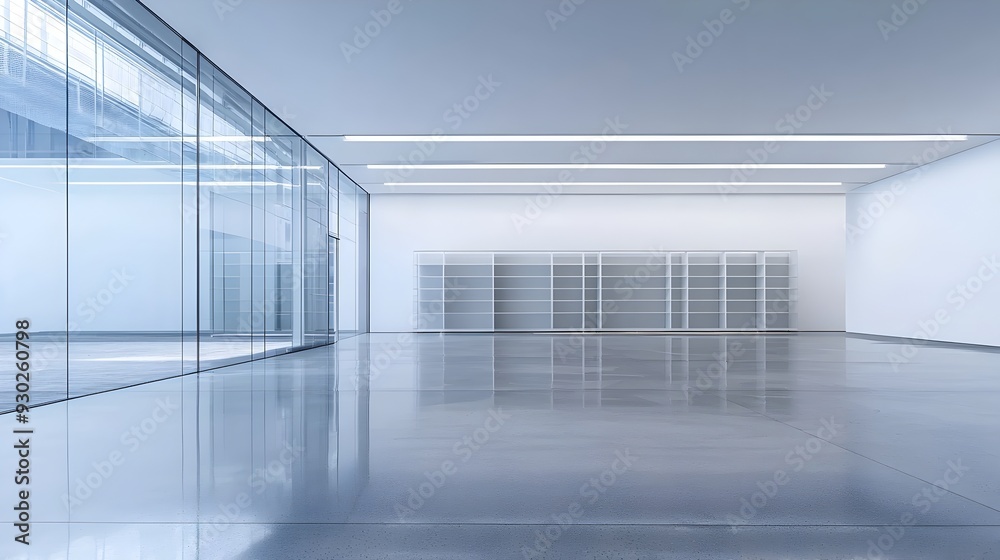 Obraz premium Transparent Glass Bookshelf in Serene Modern Art Gallery