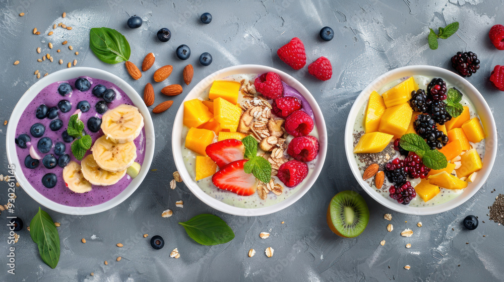 Smoothie bowls topped with fresh fruits, nuts, and seeds, emphasizing healthy and delicious breakfast options Smoothie bowls topped with fresh fruits, nuts, and seeds, emphasizing healthy and delicious breakfast options
