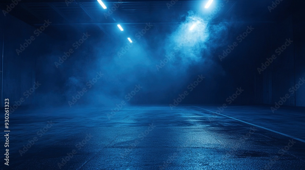 Obraz premium A dark empty street, dark blue background, an empty dark scene, neon light, spotlights The asphalt floor and studio room with smoke float up the interior texture. night view , ai