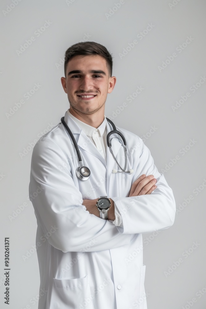 Handsome male doctor with stethoscope, arms crossed on white background. Handsome male doctor with stethoscope, arms crossed on white background.