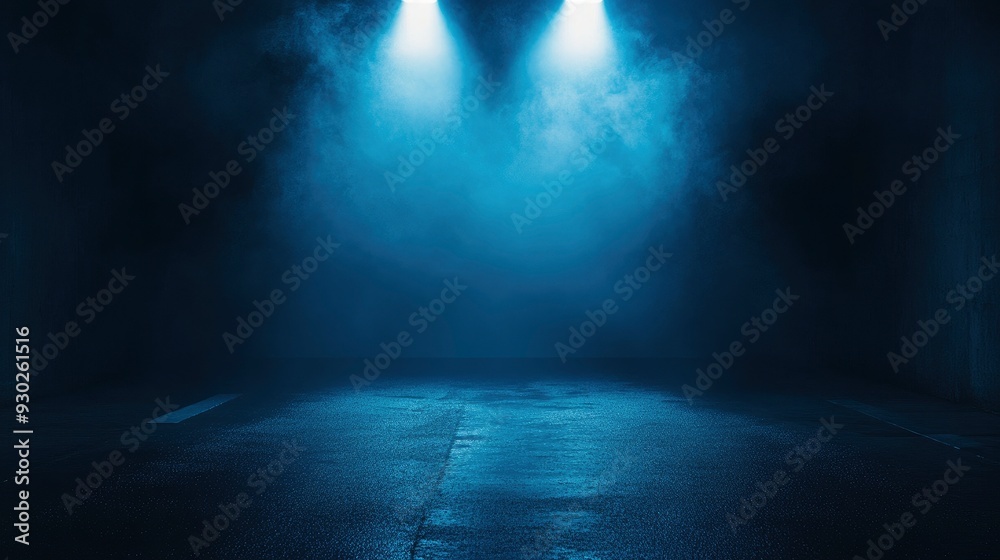 Obraz premium A dark empty street, dark blue background, an empty dark scene, neon light, spotlights The asphalt floor and studio room with smoke float up the interior texture. night view , ai