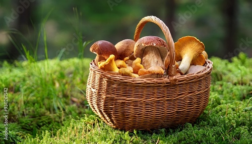 mushrooms in a wicker basket in the forest photo