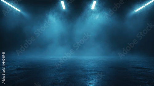 A dark empty street, dark blue background, an empty dark scene, neon light, spotlights The asphalt floor and studio room with smoke float up the interior texture. night view , ai