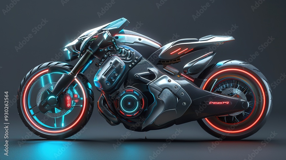 Futuristic motorcycle with glowing red and blue lights. Futuristic motorcycle with glowing red and blue lights.