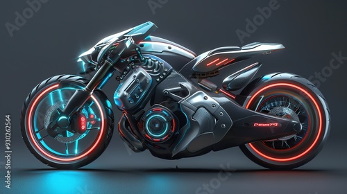 Futuristic motorcycle with glowing red and blue lights. photo