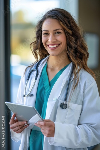 Young woman doctor in white coat, arms crossed, smiling with stethoscope, grey background.