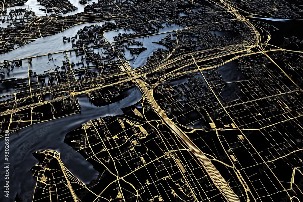Obraz premium Technical aerial visual, 3D LiDAR GIS aerial map satellite scan model isolated, showing Woodbridge, New Jersey. Elevation, topography, render