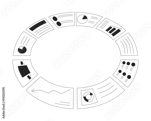 Circled analytics reports black and white 2D line object. Circular business analysis charts graphs isolated vector outline item. Circle dashboard. Market research monochromatic flat spot illustration