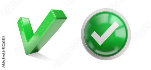 Realistic 3D vector illustration of green checkmarks, symbolizing approval, confirmation, and correctness. Isolated on a transparent background, ideal for use in interfaces, forms, and validation