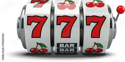 Realistic 3D vector illustration of a slot machine showing a winning combination of three sevens, symbolizing luck, gambling, and casino entertainment. Isolated on a transparent background
