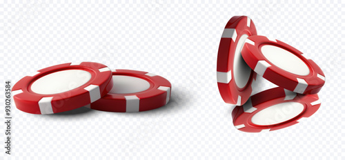 Realistic 3D Red Casino Chips Isolated on Transparent Background - Ideal for Gambling and Gaming Graphics. Vector illustration