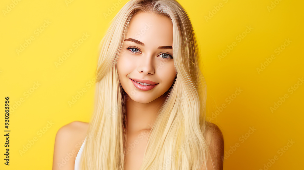 Portrait of a smiling cheerful blond teenage girl with long white hair and perfect skin, yellow background, banner. Portrait of a smiling cheerful blond teenage girl with long white hair and perfect skin, yellow background, banner.