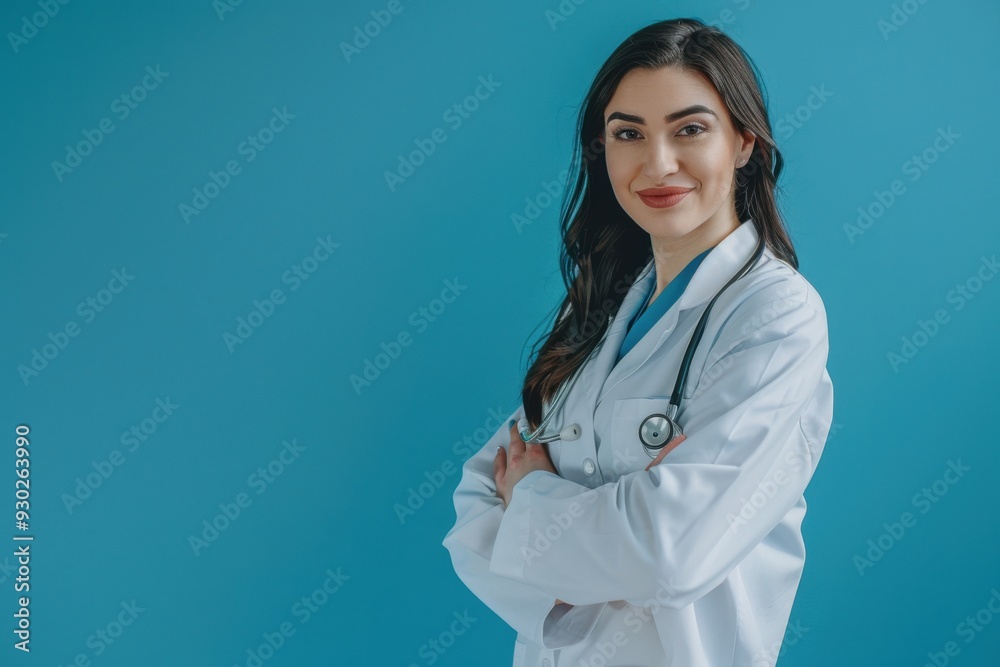Young woman doctor in white coat, arms crossed, smiling with stethoscope, grey background. Young woman doctor in white coat, arms crossed, smiling with stethoscope, grey background.