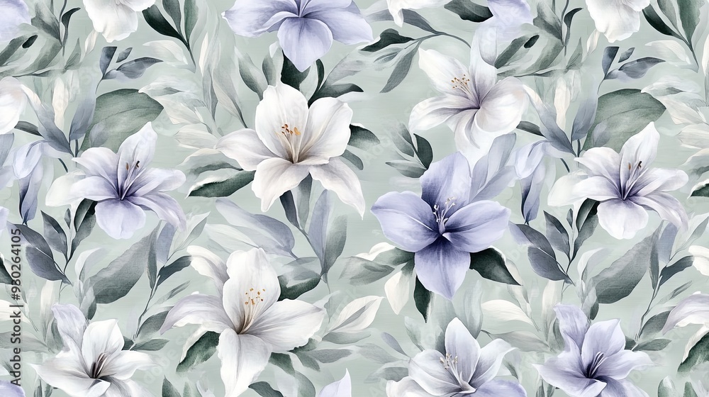 Obraz premium This artwork features a floral design with white lilies and purple hibiscus complemented by lush green foliage, perfect for wallpaper or elegant decor accents SEAMLESS PATTERN