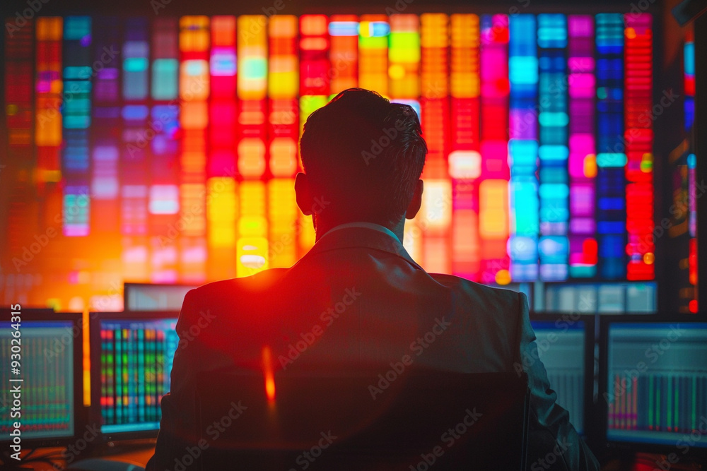Back side on business man with stock market screen monitor Back side on business man with stock market screen monitor