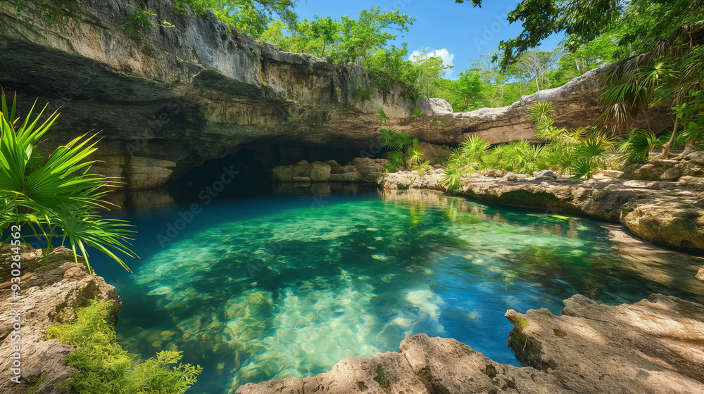Naklejka premium mysterious cenote, uncharted cave, adventure destination, perfect travel wallpaper