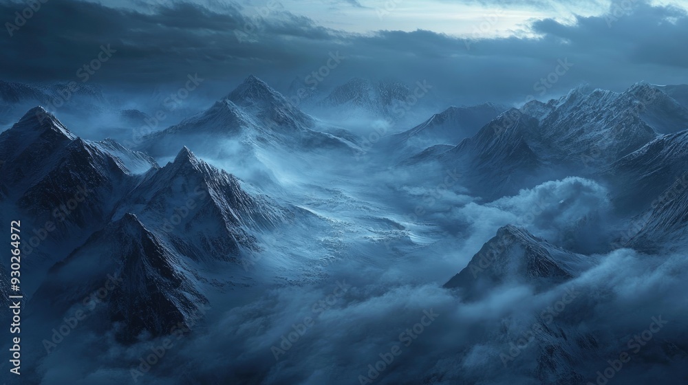 Obraz premium A high-angle shot of snowy mountains covered with clouds during a dark evening , ai
