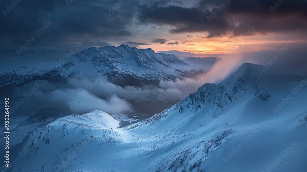 Obraz premium A high-angle shot of snowy mountains covered with clouds during a dark evening , ai