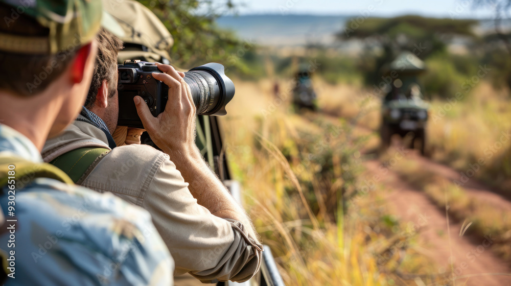 Safari adventure in Africa with tourists photographing wildlife in their natural habitat, highlighting exotic travel Safari adventure in Africa with tourists photographing wildlife in their natural habitat, highlighting exotic travel