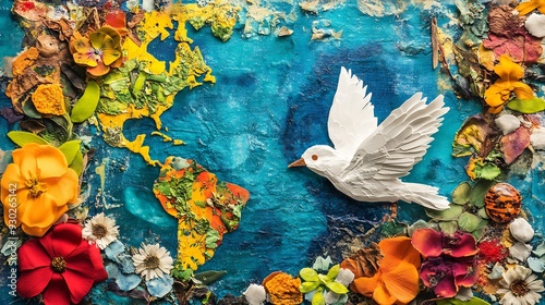 A White Dove Flying Over a World Map of Flowers