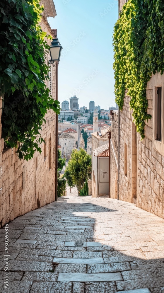 Obraz premium A narrow alleyway in an ancient city, with old stone buildings, ivy-covered walls, and a glimpse of the modern cityscape in the background, showcasing the layers of history in urban environments