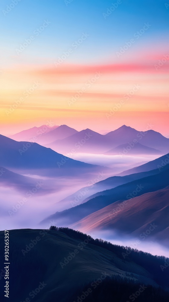 Fototapeta premium A mountain range at dawn, with mist rising from the valleys and the first light hitting the peaks