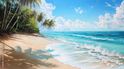 Tranquil beach scene with gentle waves, soft sand, and palm trees swaying in the breeze