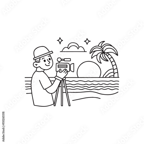 Filmmaker recording a sunset in beach with a film camera
