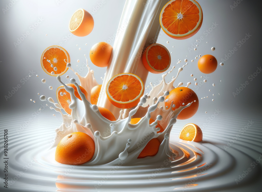 Obraz premium A splash of milk and orange juice with a few oranges floating in the middle. Concept of freshness and vitality, as the orange juice and milk mix together to create a delicious and healthy drink
