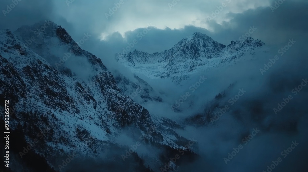 Obraz premium A high-angle shot of snowy mountains covered with clouds during a dark evening , ai