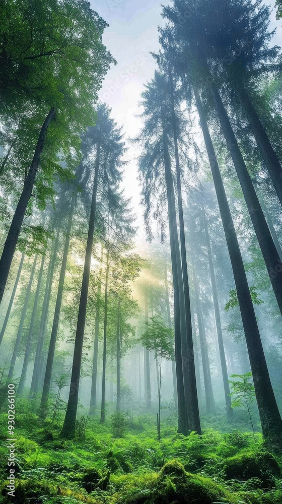 Naklejka premium A misty forest in the early morning, with tall trees and soft light filtering through the fog, creating a mystical and serene natural environment